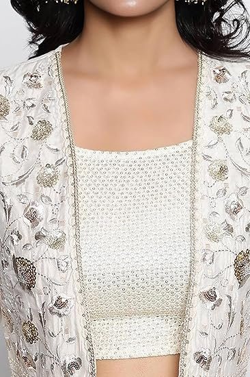 Women's Off White Dyed Printed Sequins Georgette Straight Crop Top, Skirt and Jacket Set - Image 2