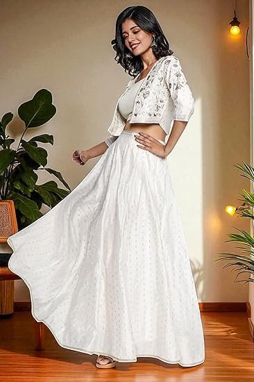 Women's Off White Dyed Printed Sequins Georgette Straight Crop Top, Skirt and Jacket Set - Image 3