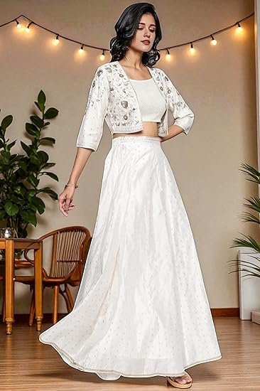 Women's Off White Dyed Printed Sequins Georgette Straight Crop Top, Skirt and Jacket Set - Image 4