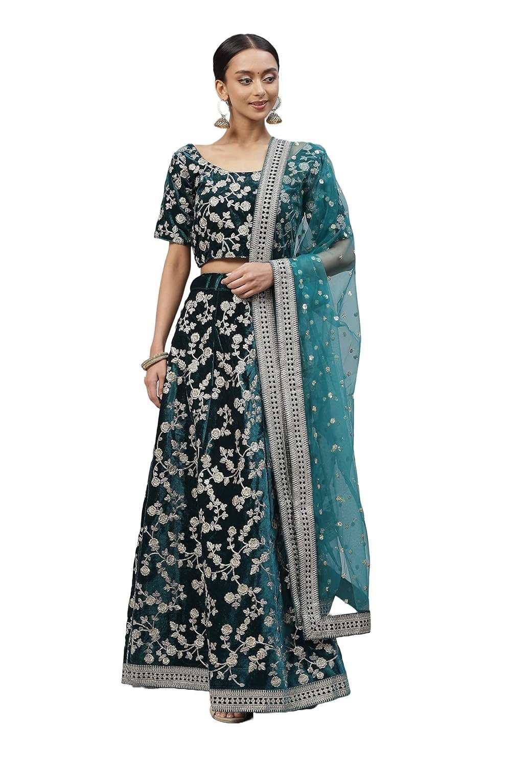 Women's Velvet Lehenga Choli With Dupatta (Turquoise_Unstitched_CLVilla-93-Rama)