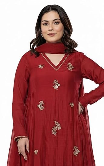 Women Embroidery Solid Anarkali Kurta and Pant Set with Dupatta - Image 3