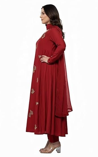 Women Embroidery Solid Anarkali Kurta and Pant Set with Dupatta - Image 4
