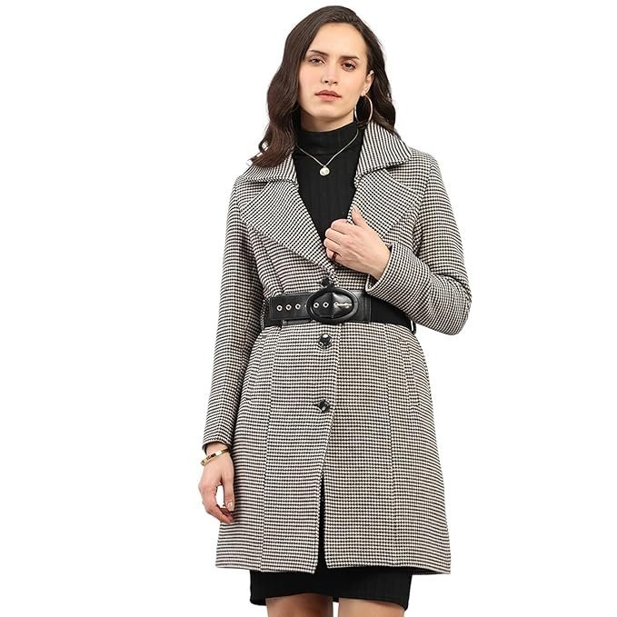 Women's Regular Fit Jacquard Lapel Collar Full Sleeve Coat| Warm Woolen Overcoat for Ladies |