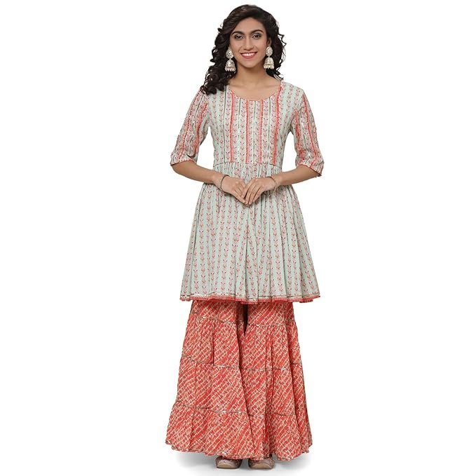 Printed Cotton Round Neck Women Salwar Kurta Dupatta Set
