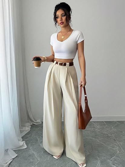 Solid High Waist Straight Korean Loose Pleated Wide Leg Trouser for Women's & Girl's - Image 3
