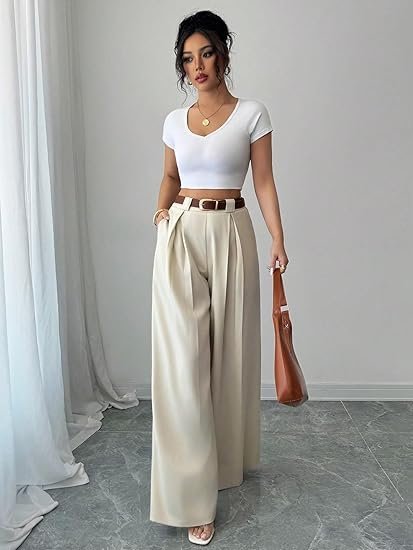 Solid High Waist Straight Korean Loose Pleated Wide Leg Trouser for Women's & Girl's - Image 4