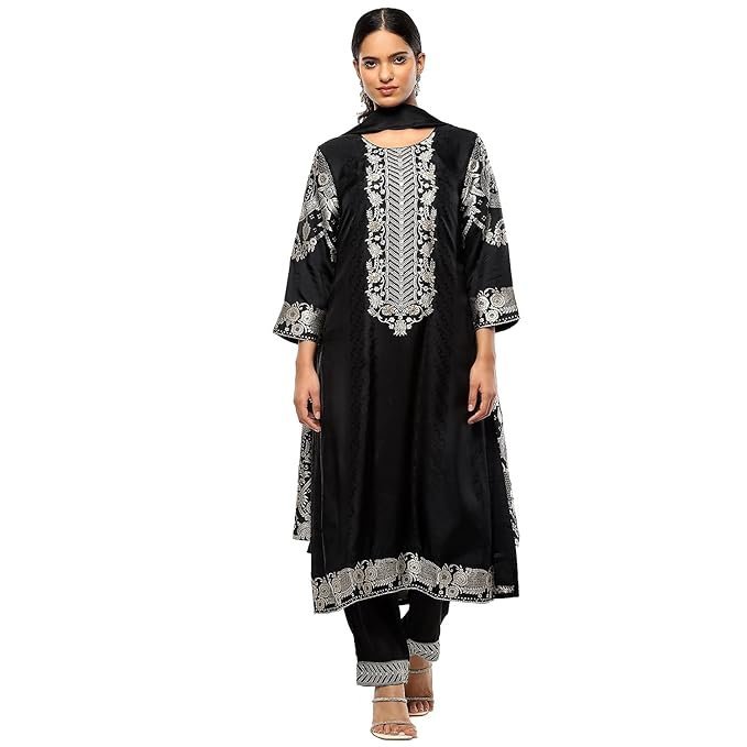 Women's Black Viscose Blend Straight Suit Set_42