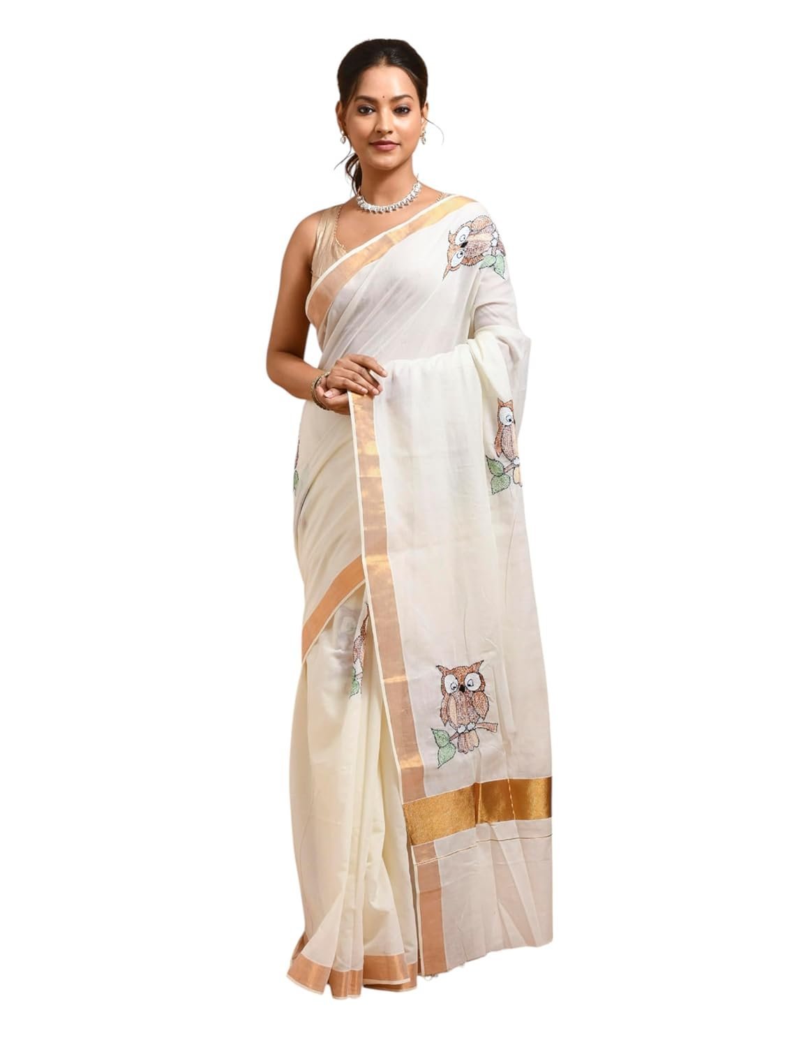Women's White Kerala Cotton Saree with Owl Design Hand Embroidery and Zari Border