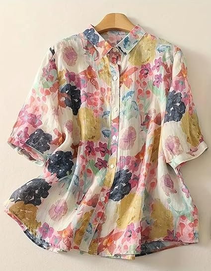 Women’s Casual Button-Down Shirt with Multicolor Floral Print & Half Sleeves, Collar Neck - Image 3