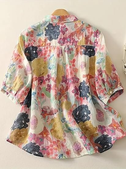 Women’s Casual Button-Down Shirt with Multicolor Floral Print & Half Sleeves, Collar Neck - Image 2