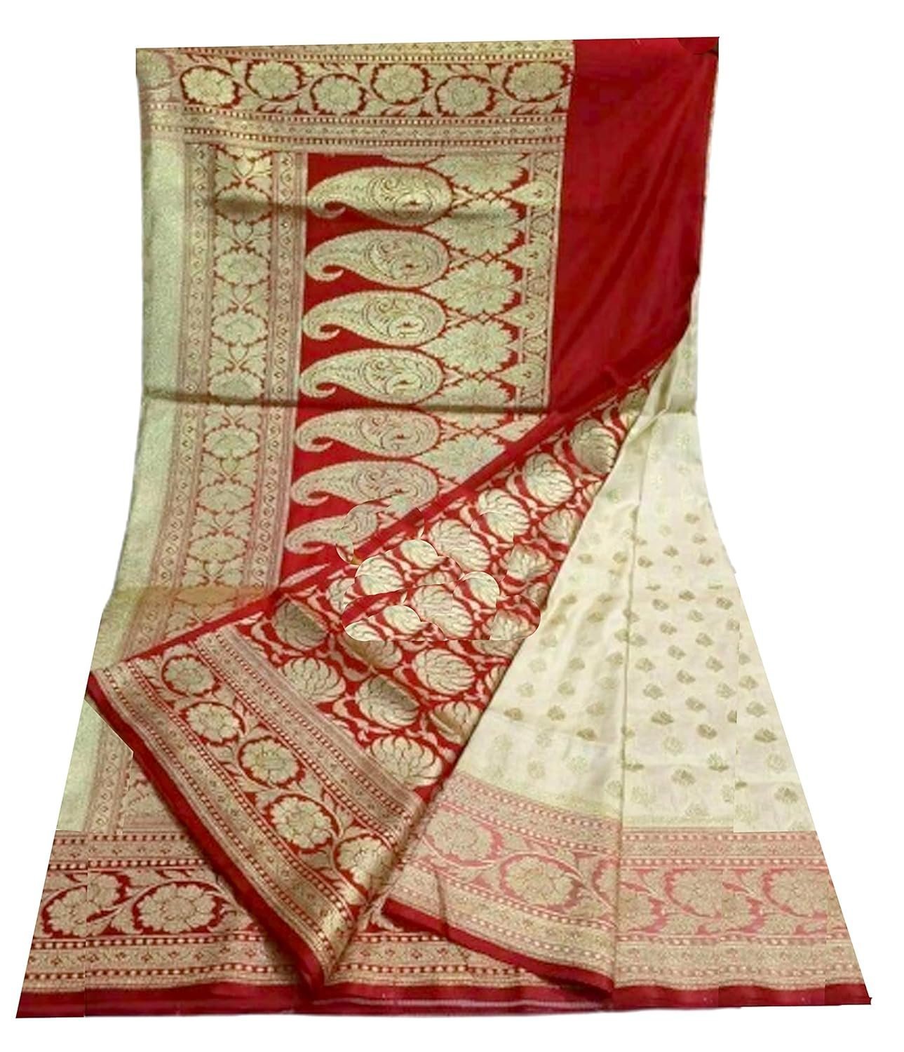 Banarasi Katan Silk Saree With All Over Golden Zari Border - White Red