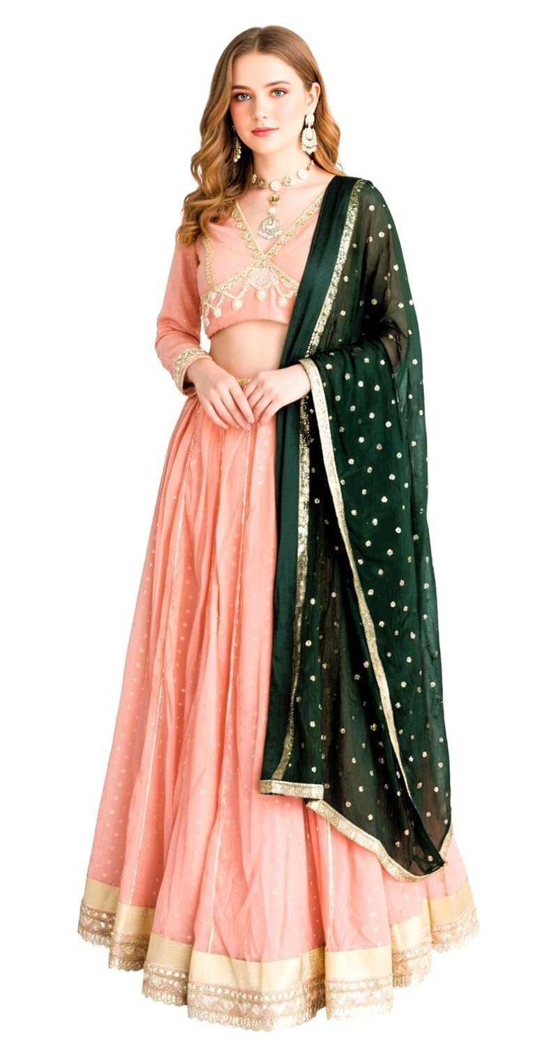 Women's Peach and Dark Green Embroidered Lehenga Choli Set, 3 Piece Contemporary Style