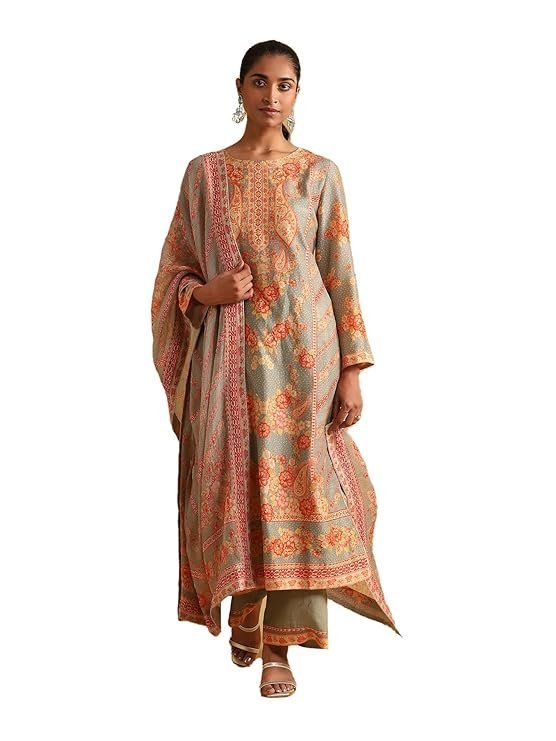 Green Floral Print Chanderi Kurta With Palazzo And Dupatta - Image 2
