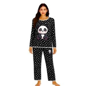 Women's Cotton Panda Printed Black Night Suit Set of Shirt & Pyjama Night Dress Women