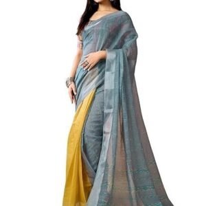 Women's Linen Printed & Zari Border Ready To Wear One Minute Pre Stitched Saree with Unstitched Blouse Piece
