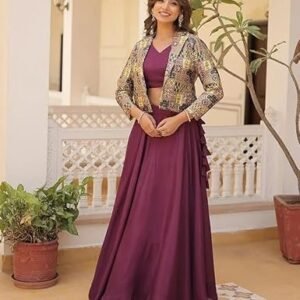 Womens Wine Color Readymade Lehenga Choli With Jacket