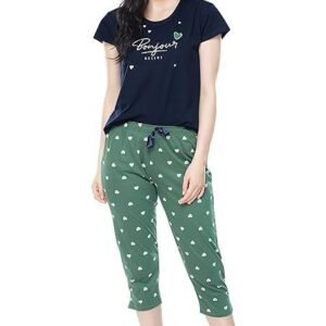 Women's Cotton Heart Printed Night Suit Set of Top & Capri 5233