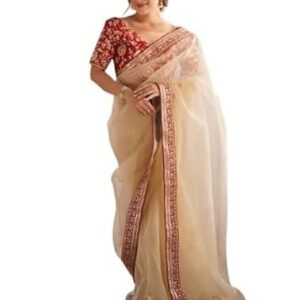 Saree For Women's And Girls Organza Fabric With Sequins Embroidey Work Soft new ladies Design Wear Pattu Sarees Latest Sadi Party Sari wedding collections real modling Beige