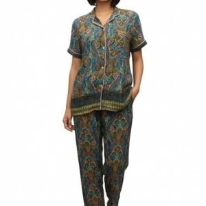 Womens Floral Print Silk Night Suit, Short Sleeve Shirt and Pyjama Set